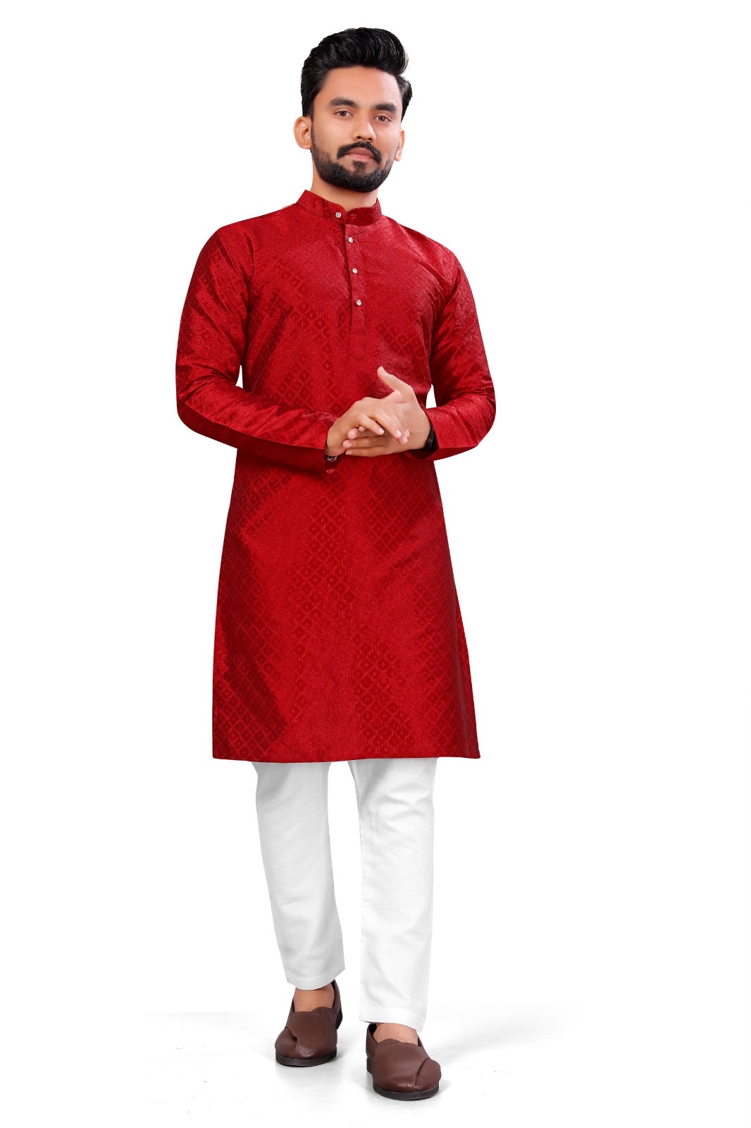 Men’s Maroon Self Design Kurta