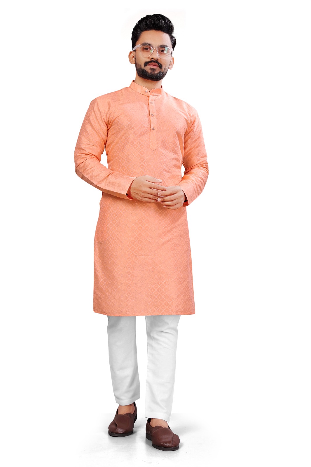 Men’s Peach Self Design Kurta 