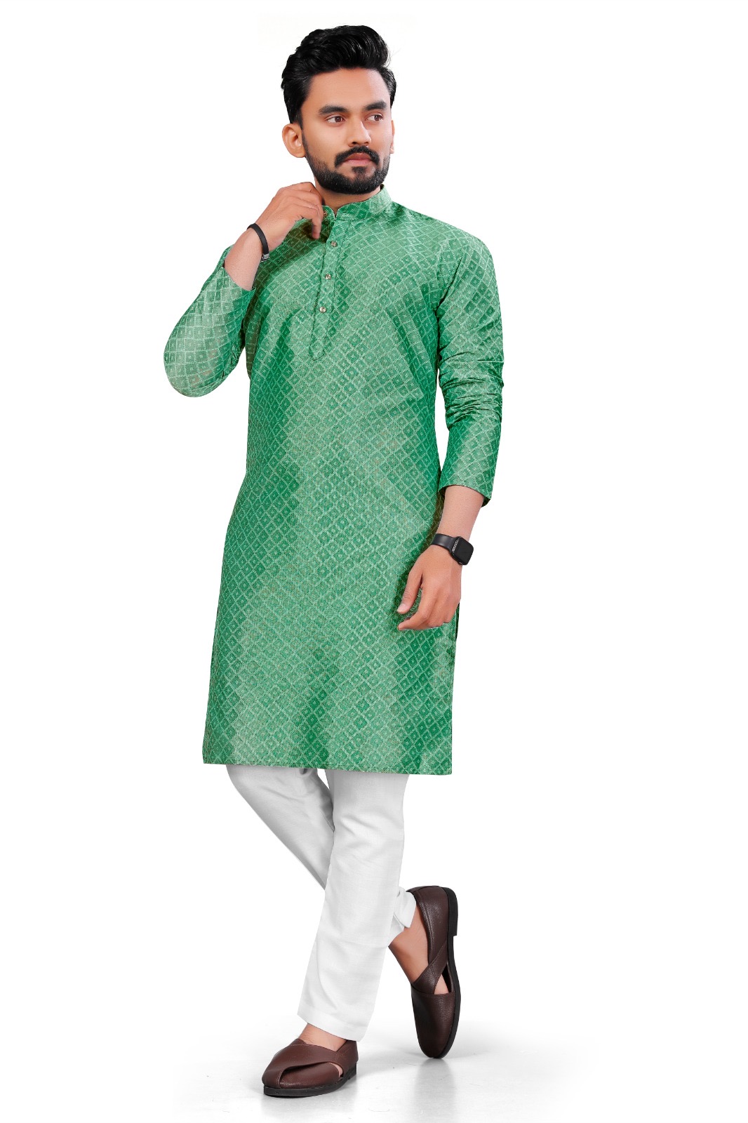 Men’s Bottle Green Self Design Kurta 