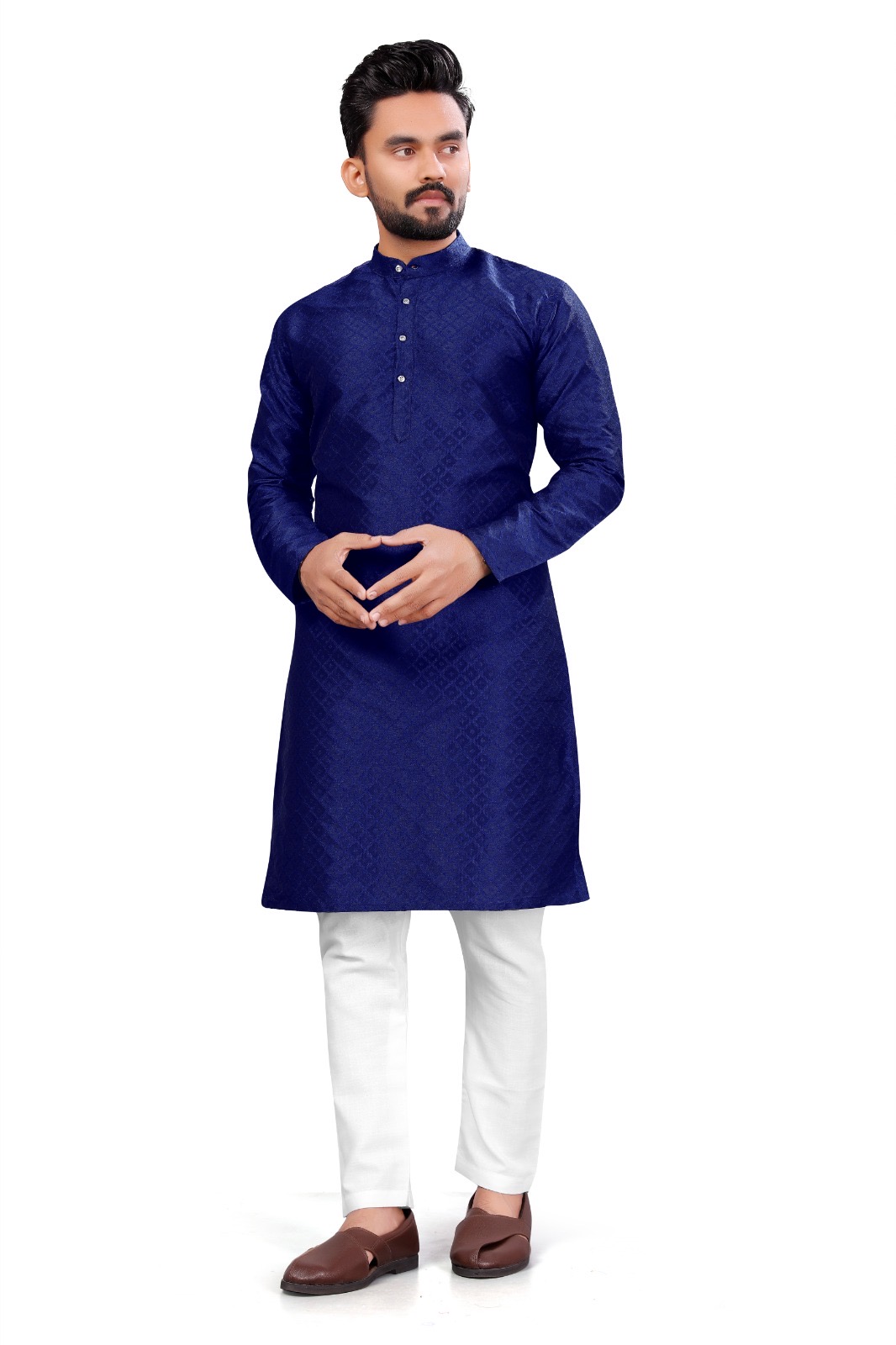 Men’s Royal Blue Self Design Kurta 